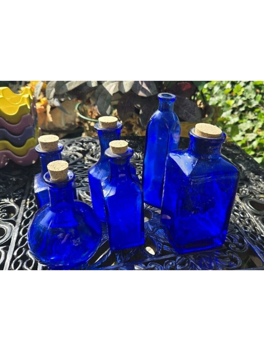 6 Small Vintage Cobalt Blue Bottles: Round & Square. Various Sizes. Some W Corks